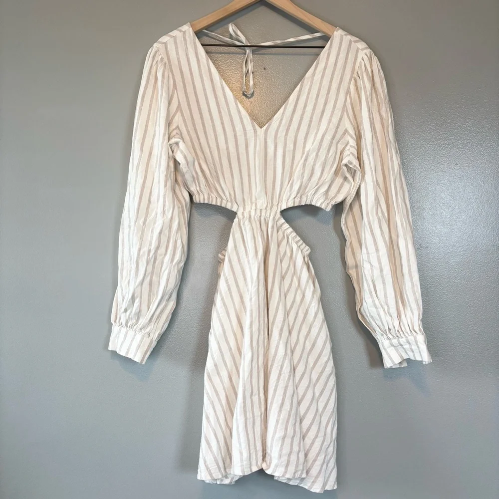 Sam Edelman Medium Linen Blend Emely Mini Cutout Stripe Dress White Tan - Picture 2 of 7